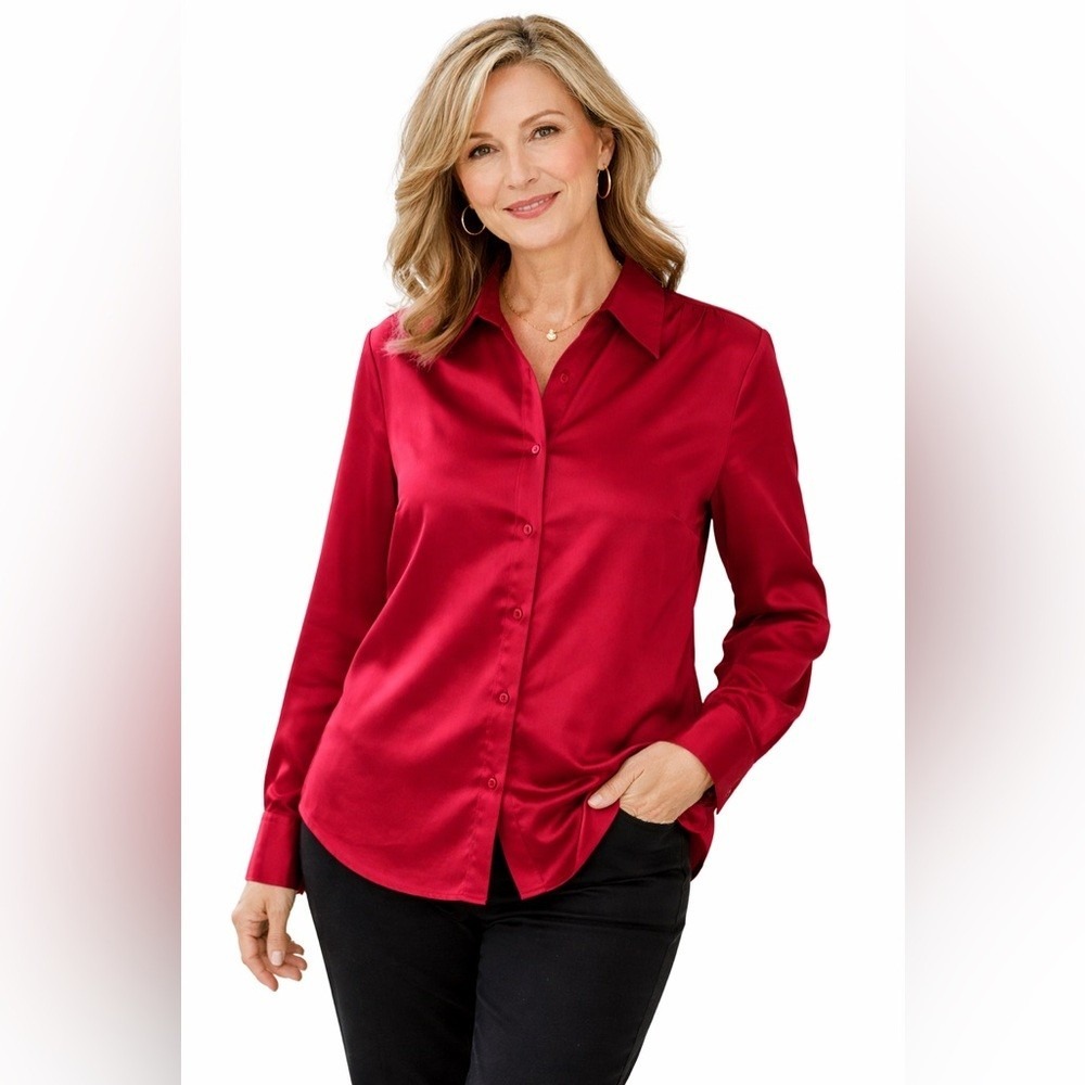 Coldwater Creek Red Satin Charmeuse Blouse Petite 14 Long Sleeve Button Down NEW